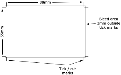 Diagram showing business card artwork created 88mm x 55mm 1 up with tick marks and if relevant the area of bleed